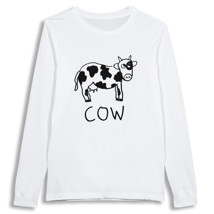 lo-fi Cow Long Sleeve Tee — hand-drawn cow graphic on a white long-sleeve t-shirt