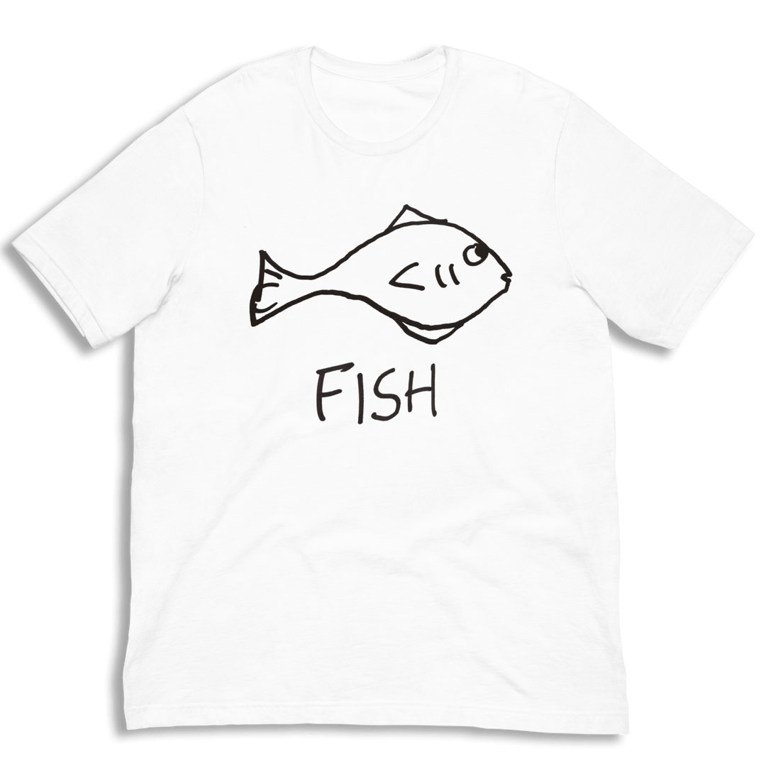 lo-fi Fish Classic Tee — hand-drawn fish graphic on a white t-shirt