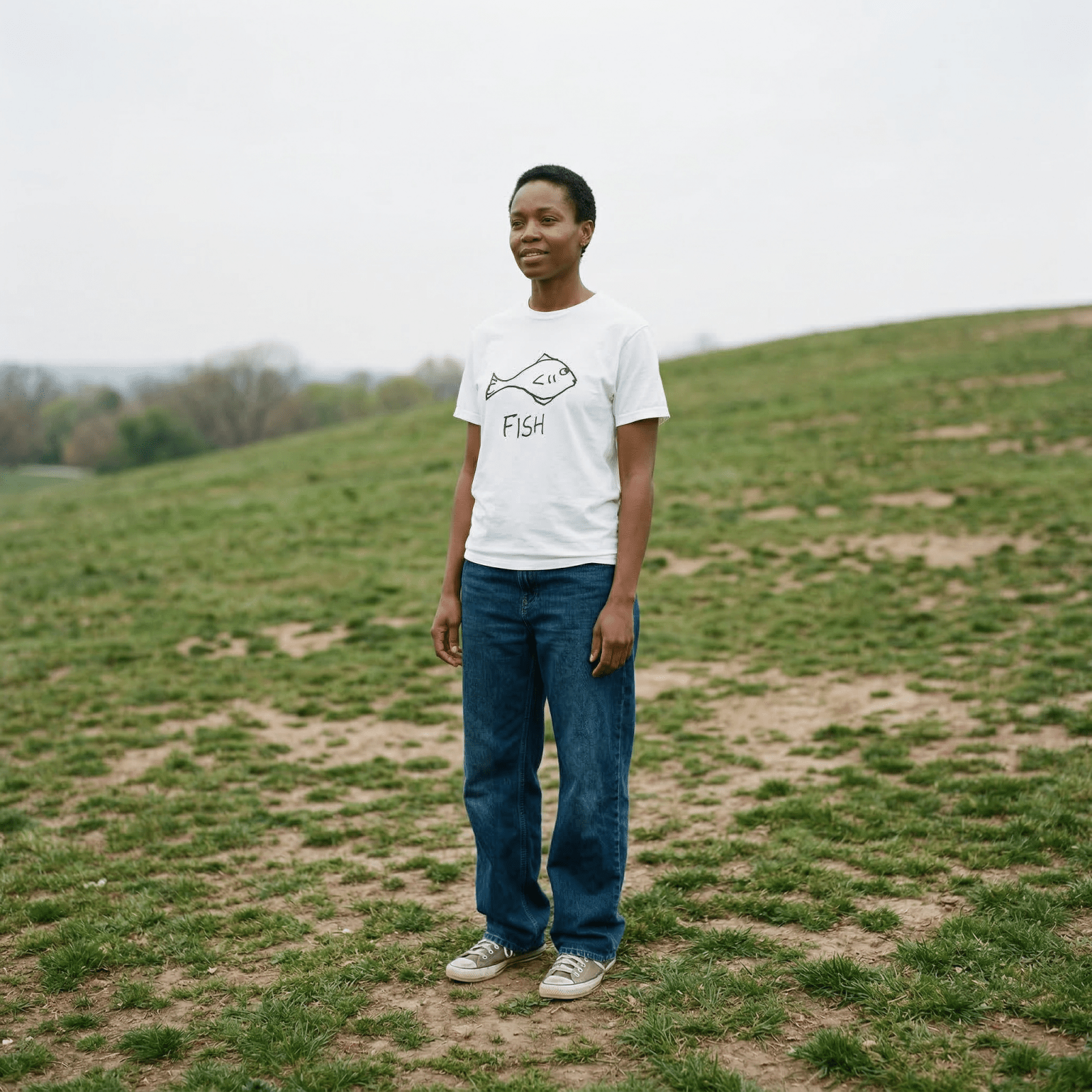 Woman standing on a grassy hillside wearing a lo-fi Fish Classic Tee