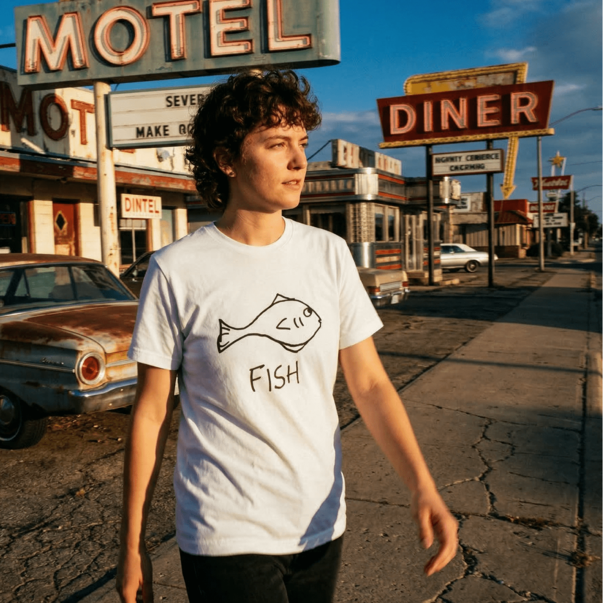 Woman walking past a vintage motel and diner wearing a lo-fi Fish Classic Tee