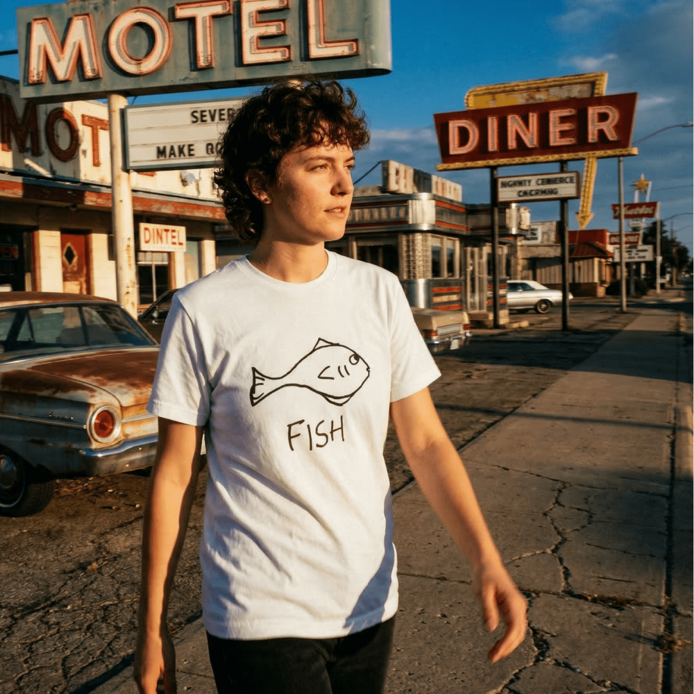 Woman walking past a vintage motel and diner wearing a lo-fi Fish Classic Tee