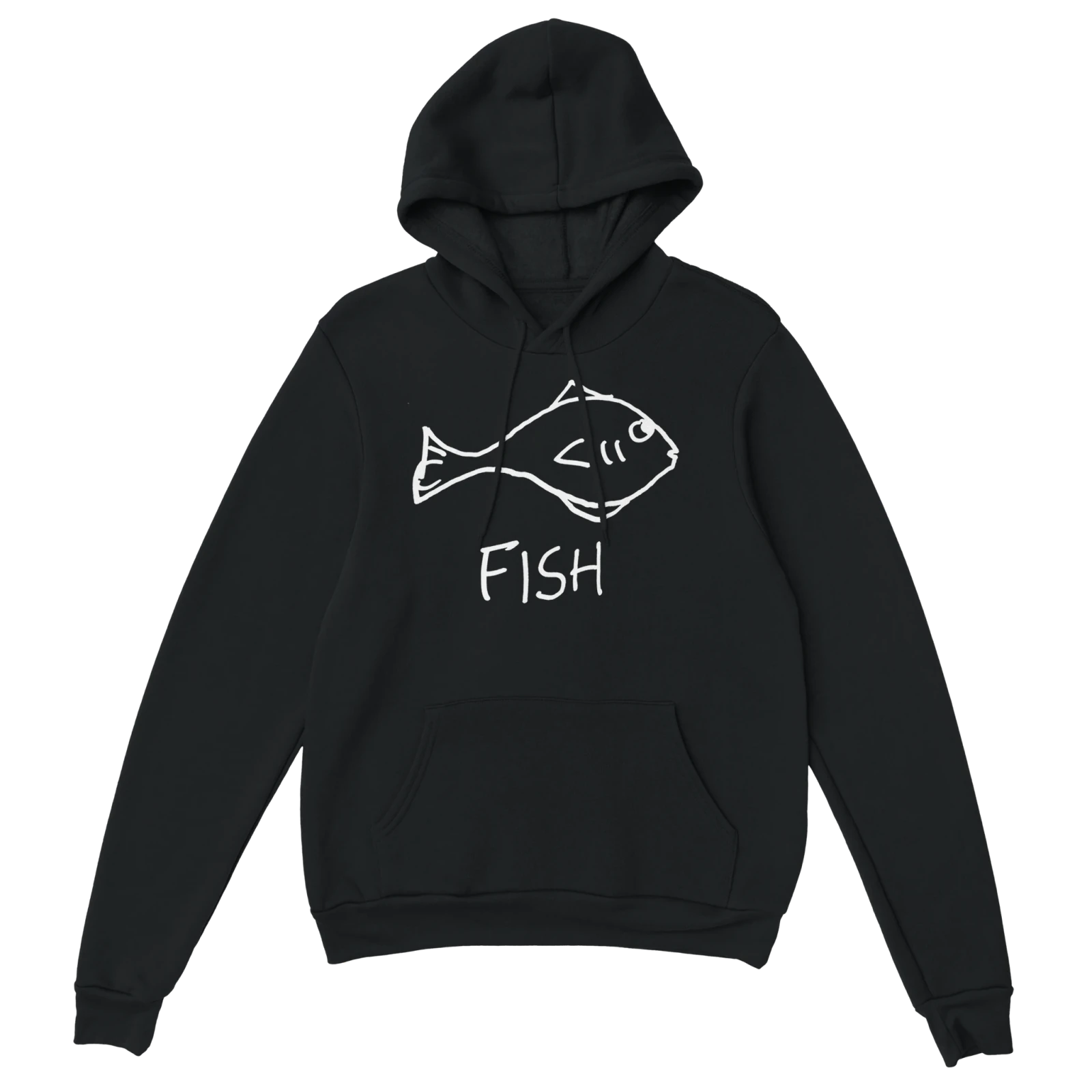 lo-fi Fish Hoodie — hand-drawn fish graphic on a black pullover hoodie