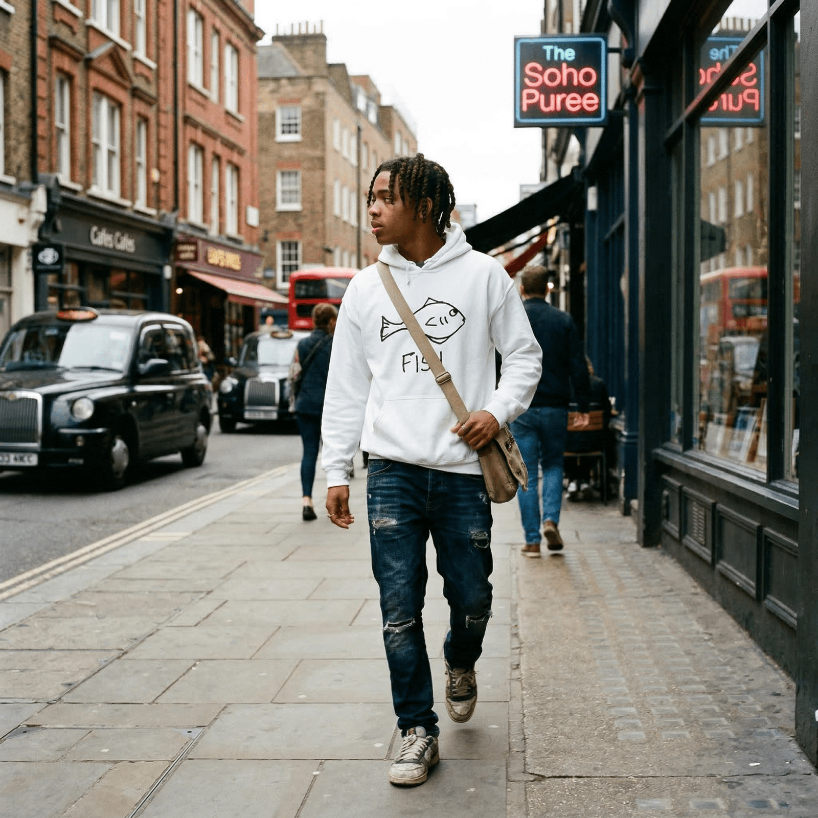 Man walking a European street with a red sign in the background wearing a lo-fi Fish Hoodie