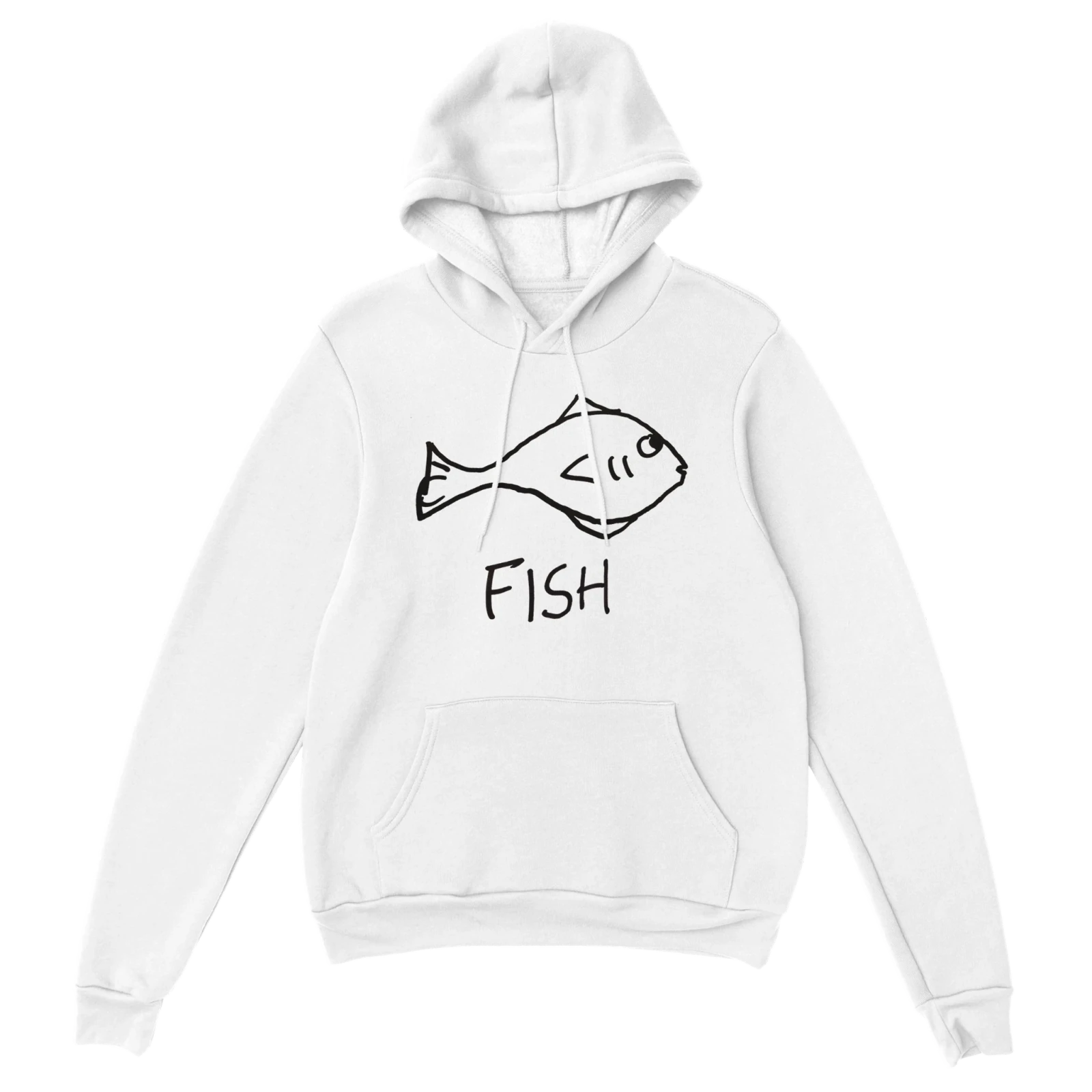 lo-fi Fish Hoodie — hand-drawn fish graphic on a white pullover hoodie