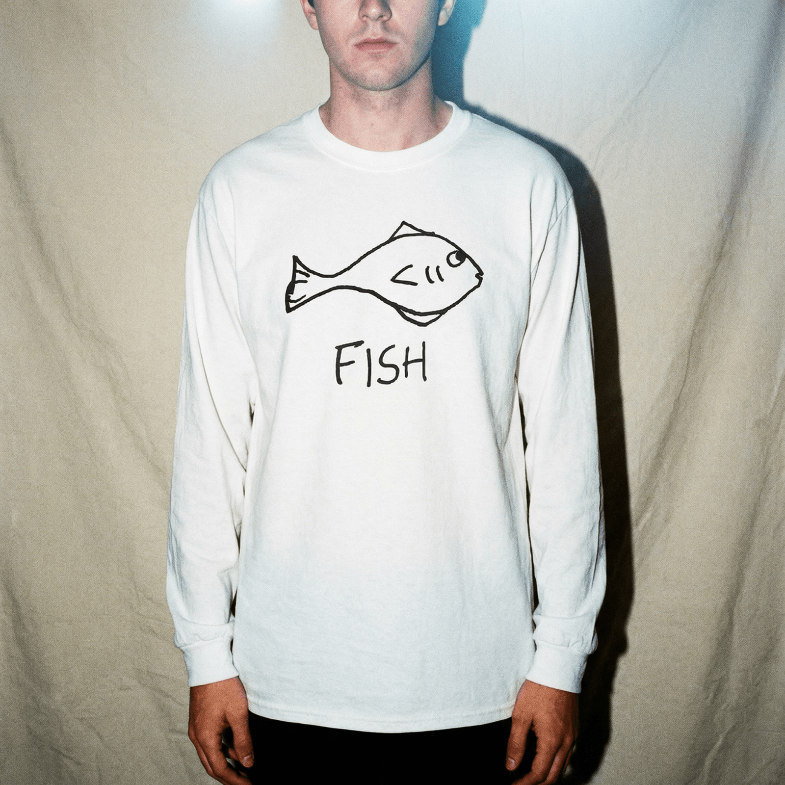 lo-fi Fish Long Sleeve Tee — hand-drawn fish graphic on a white long-sleeve t-shirt