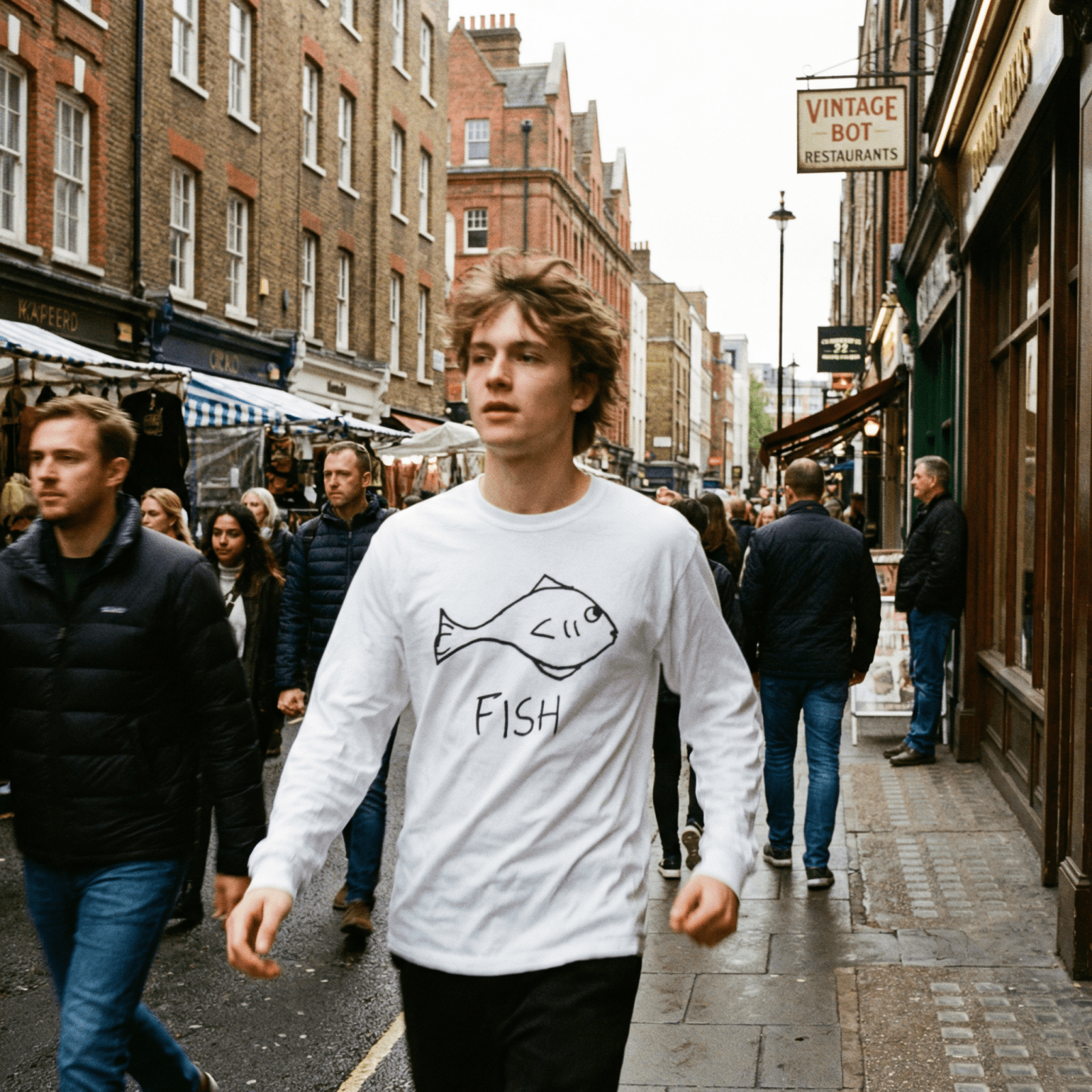 lo-fi Fish Long Sleeve Tee — hand-drawn fish graphic on a white long-sleeve t-shirt