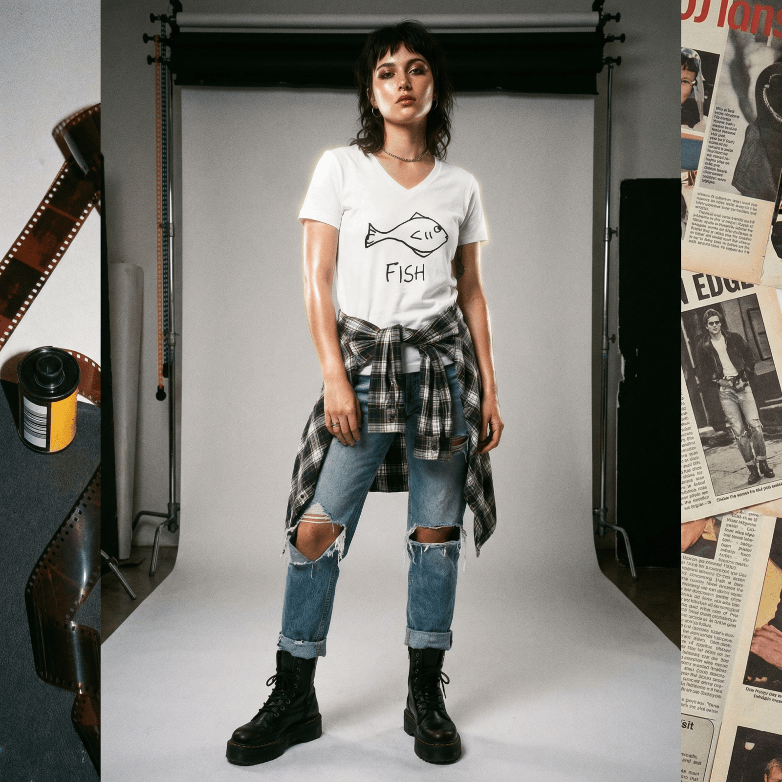 Studio portrait of a woman with a flannel around her waist wearing a lo-fi Fish V-Neck T-Shirt