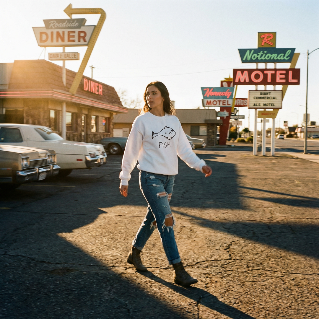 Woman in a white crewneck sweatshirt with a hand drawn fish graphic, walking in a diner and motel district with vintage cars and signs.