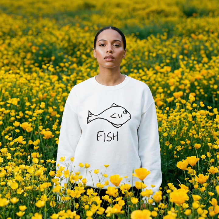 Model in a white crewneck sweatshirt with a hand drawn fish graphic, drifting peacefully through a sea of yellow blooms