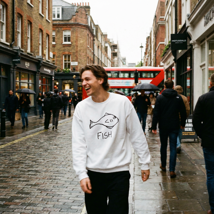 Man wearing a white crewneck sweatshirt with a hand drawn fish graphic,  walking down a busy street in an urban setting with a double-decker bus in the background.