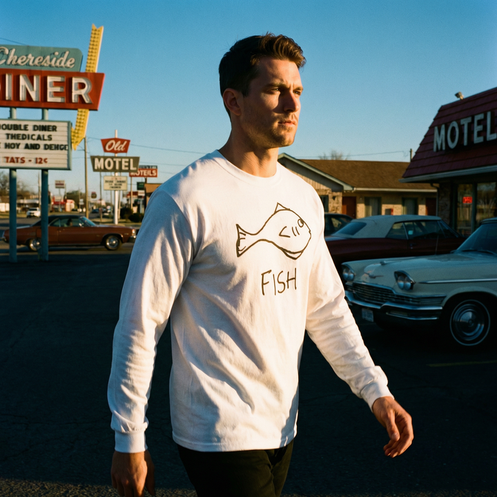 Model in a fish long sleeve tee at a lakeside bait shop in rural America