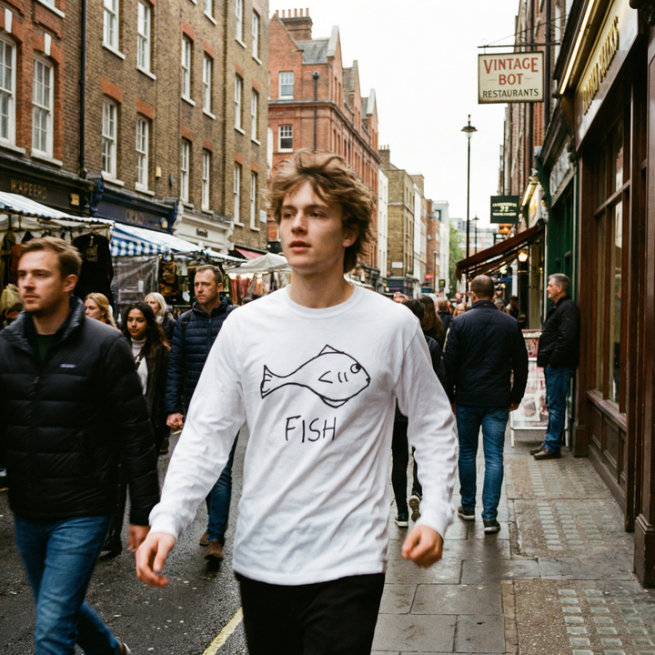 Person in a fish graphic long sleeve near the Thames at the edge of Soho, London