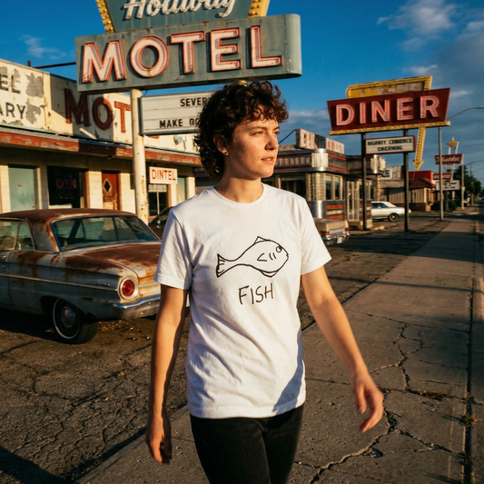 Fish classic tee in Americana setting – quirky animal graphic tee