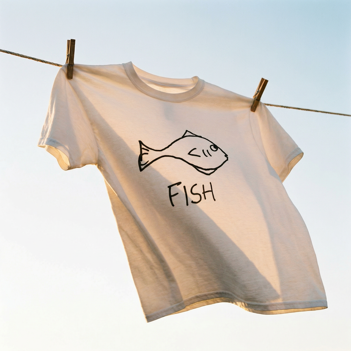 Beige t-shirt with a fish graphic and &