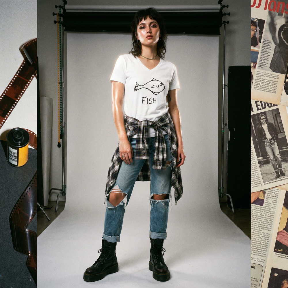 Model in fish tee in a washed-out 90s grunge style shoot, plaid shirt and Doc Martens boots