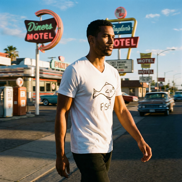 Man wearing a lofi Fish graphic tee, walking on a street with vintage motel signs and classic cars in the background
