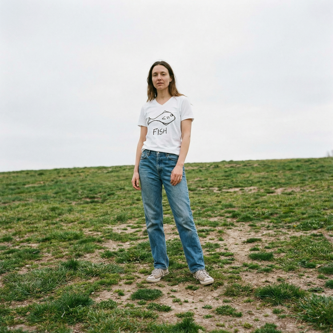 Model in fish v-neck tee standing in an open meadow, grey skies