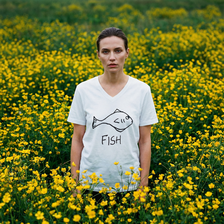 Model wearing fish tee in a wide-open field of yellow blooms, overcast lighting
