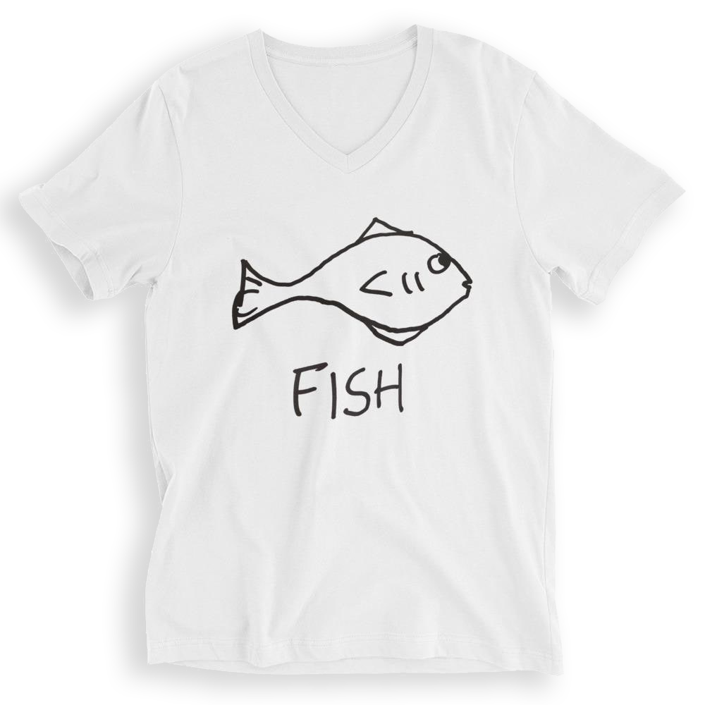White v-neck t-shirt with a black lo-fi hand-drawn fish graphic and 'FISH' text on a white background
