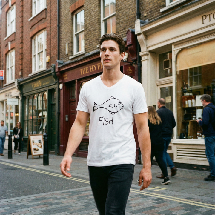 Model in fish tee by the Thames end of Soho, wind off the river in their hair