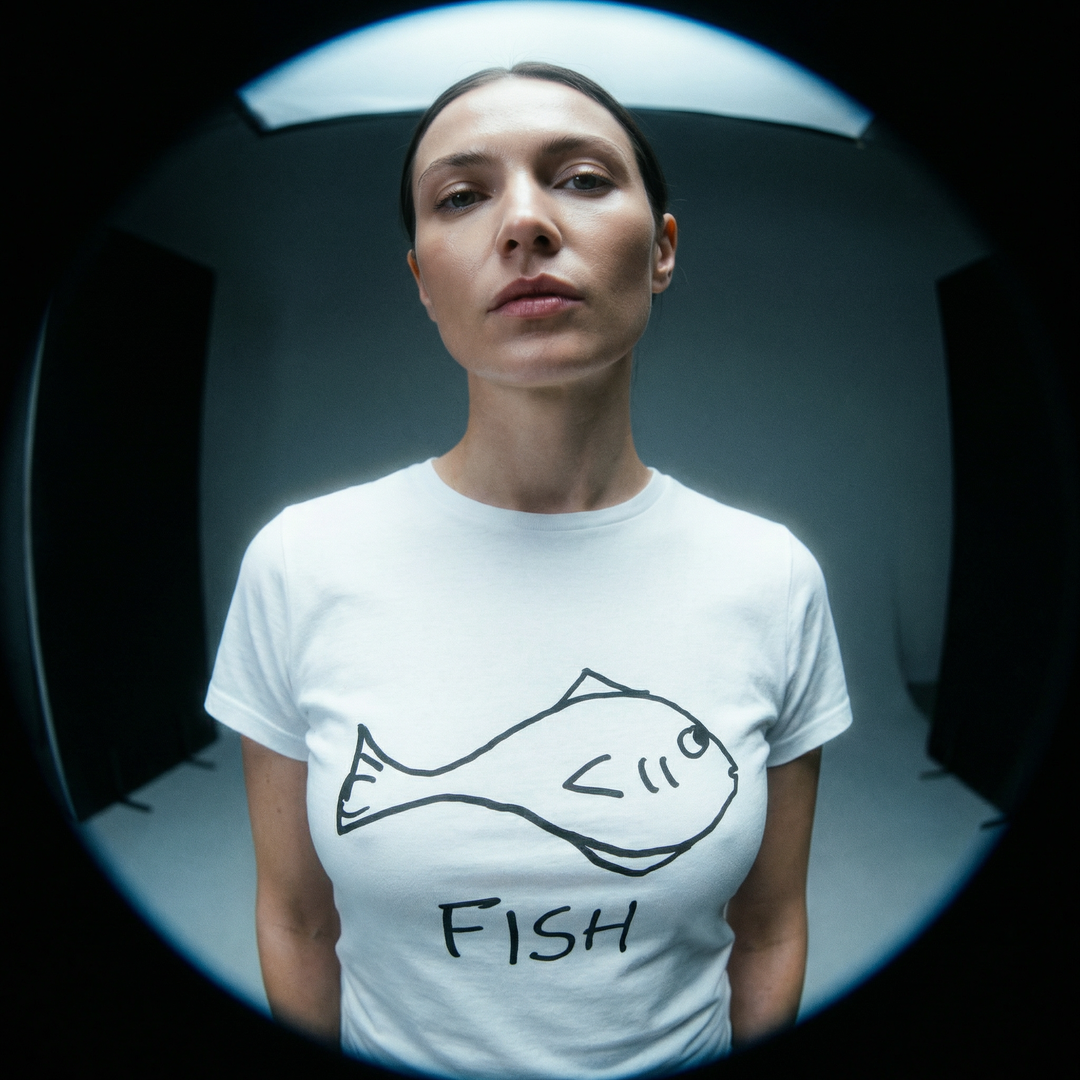 Fish graphic fitted tee fisheye shot – lofi animal shirt close-up
