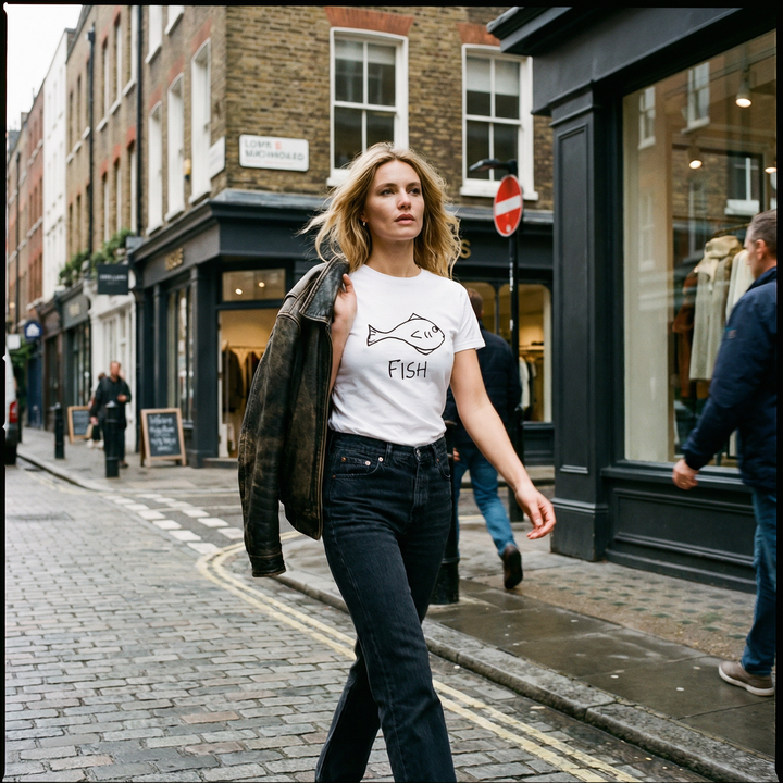 Fish graphic fitted tee worn on city street – lofi animal shirt style