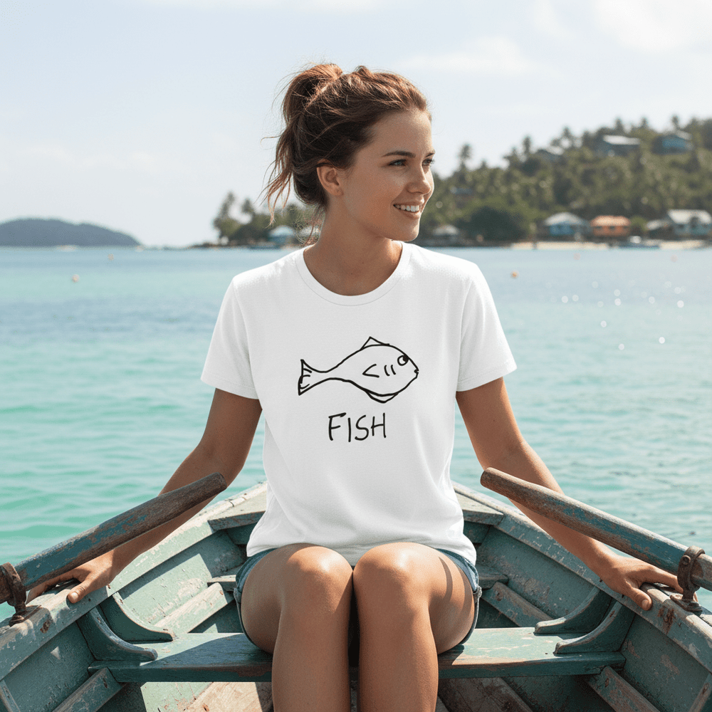 women on a boat wearing Fish women's tee in lake setting – quirky animal graphic tee