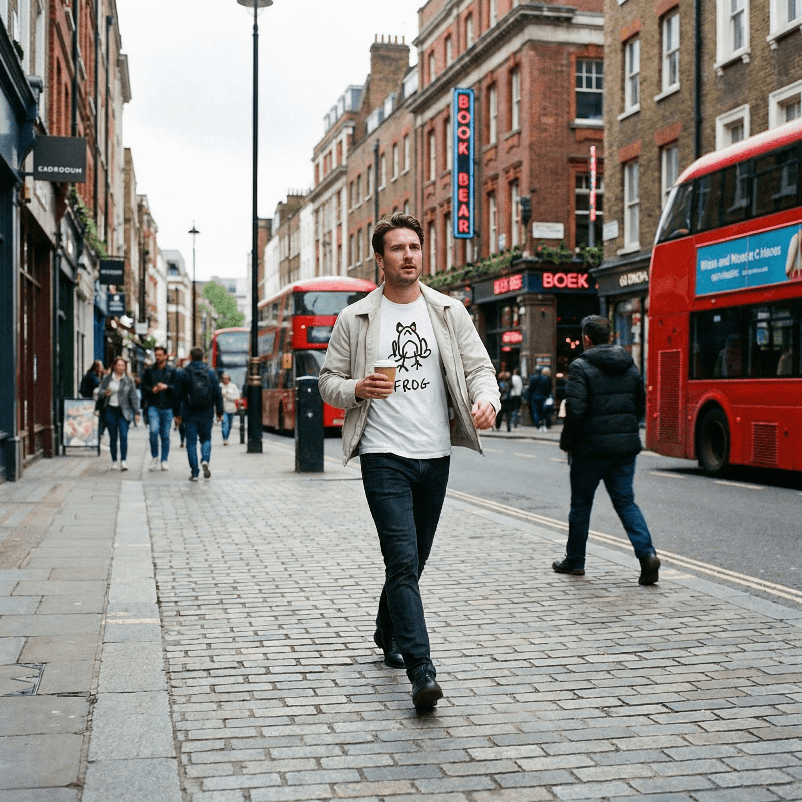 Man walking a London street with a red bus wearing a lo-fi Frog Classic Tee