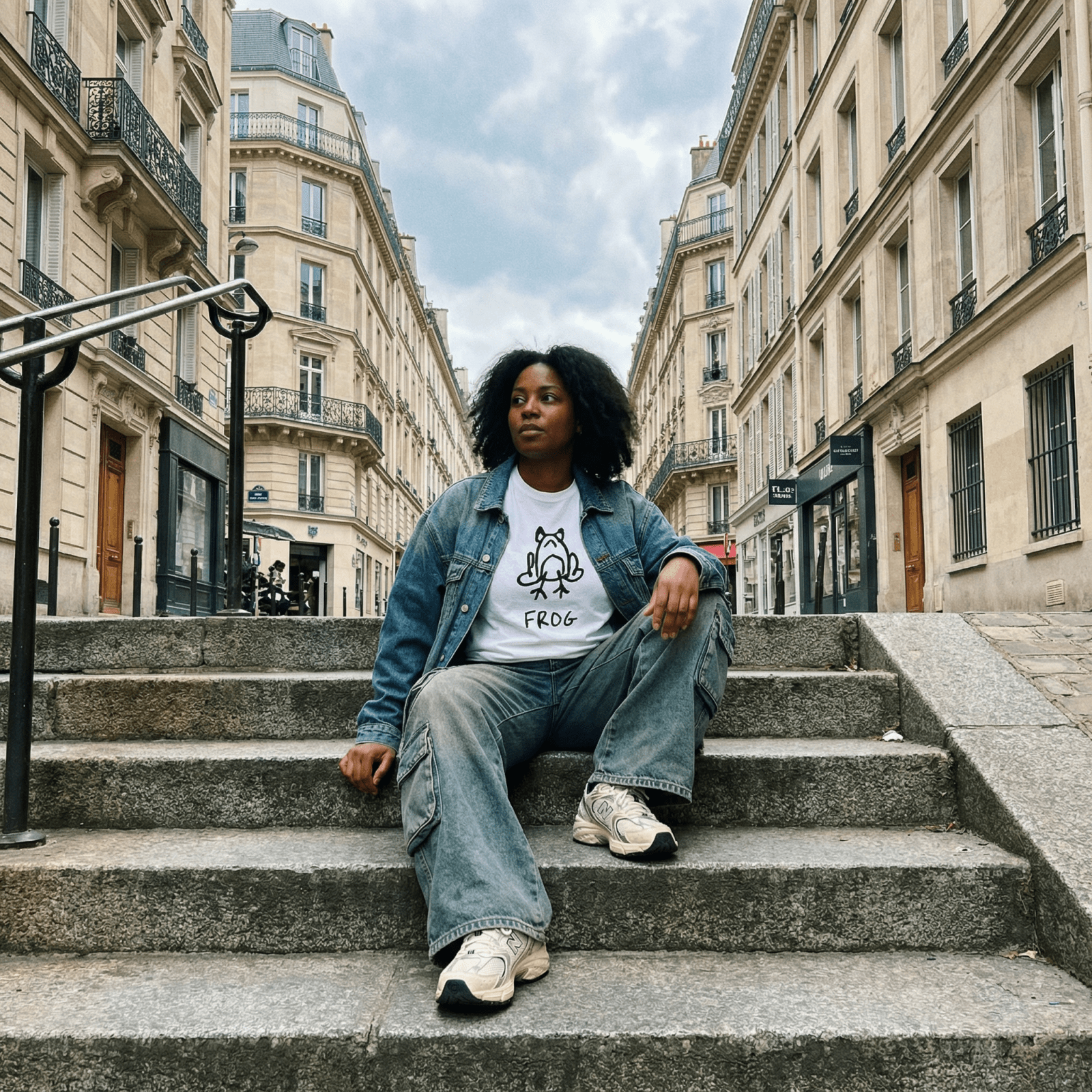 Woman sitting on stone steps on a European street wearing a lo-fi Frog Classic Tee