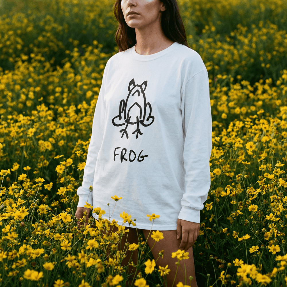 lo-fi Frog Long Sleeve Tee — hand-drawn frog graphic on a white long-sleeve t-shirt