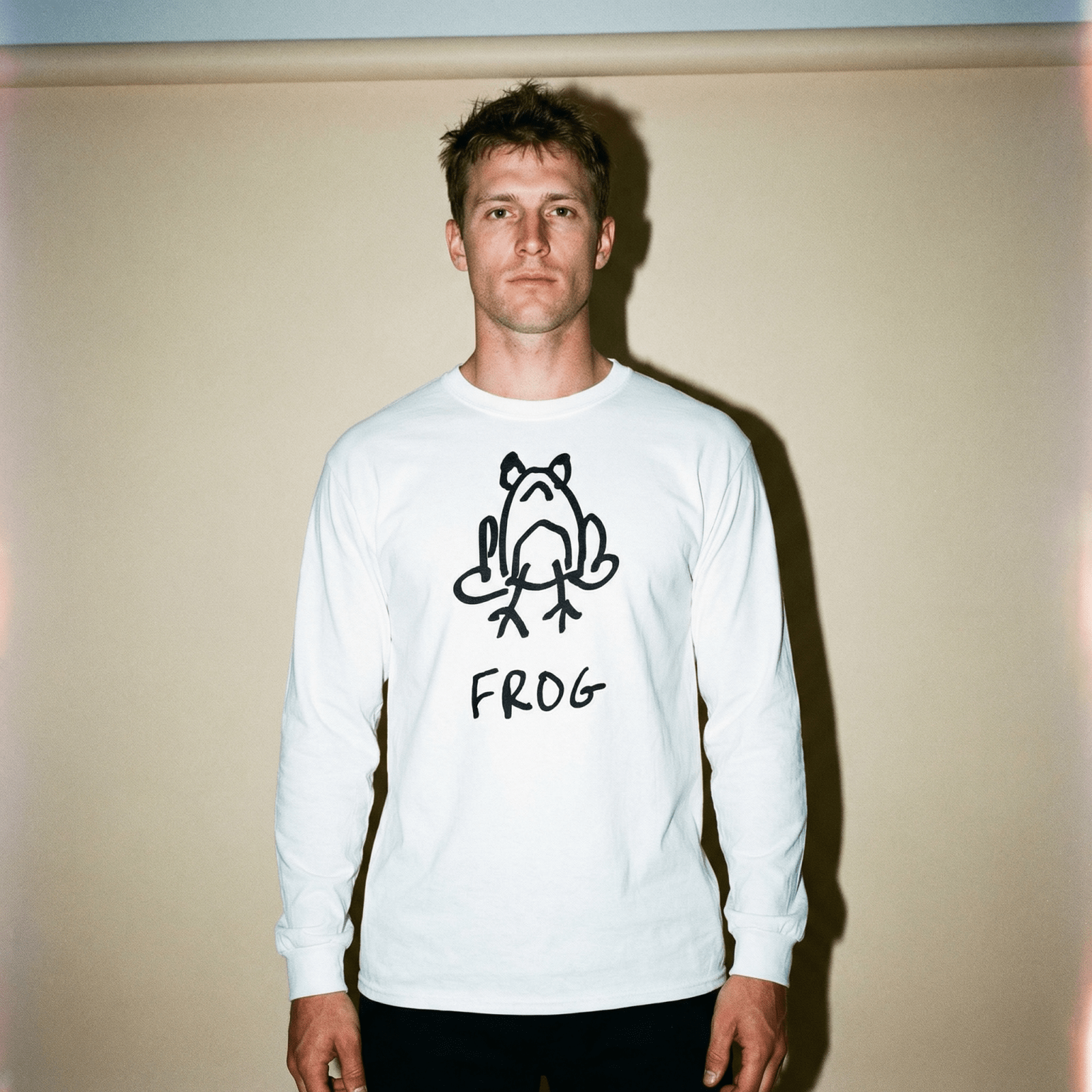 lo-fi Frog Long Sleeve Tee — hand-drawn frog graphic on a white long-sleeve t-shirt