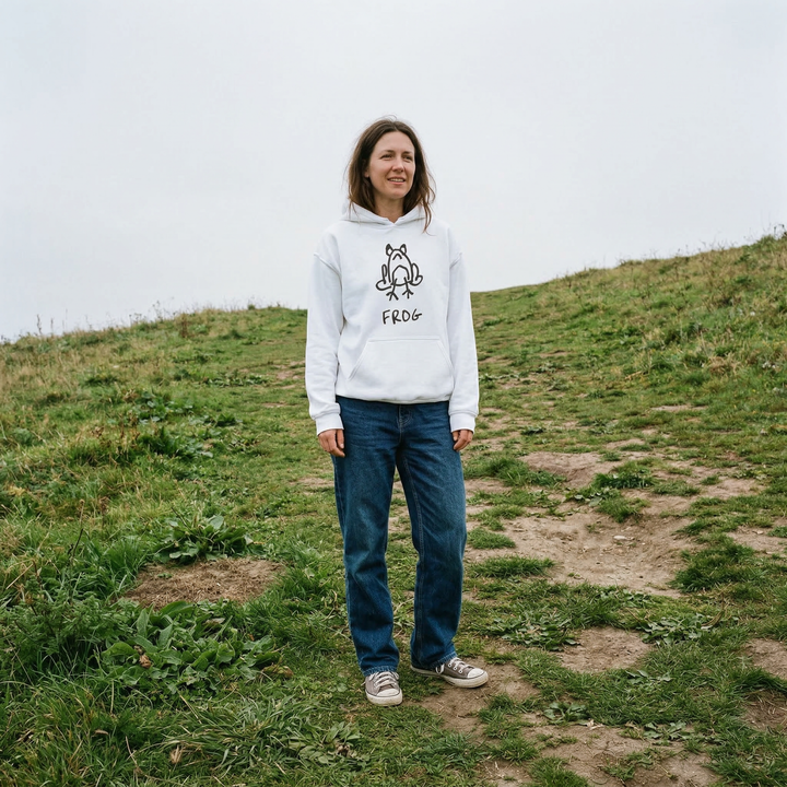 Frog hoodie worn outdoors – minimalist lofi frog hoodie in natural setting