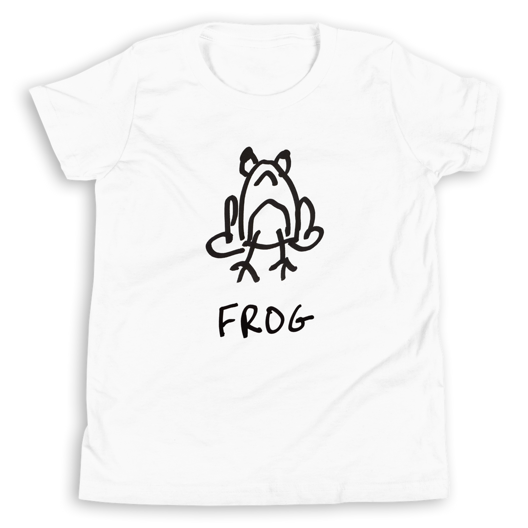 White  Kids t-shirt with a simple hand drawn frog graphic and 'FROG' text on a white background