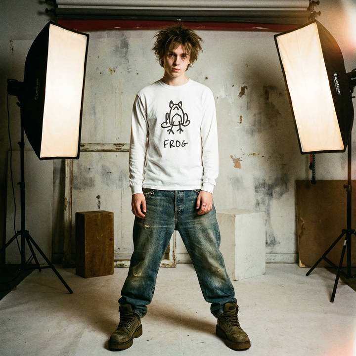 Model in a frog graphic long sleeve in a washed-out 90s-styled photo shoot