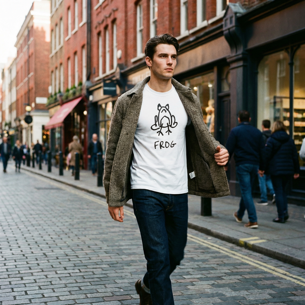 Person wearing a frog graphic long sleeve on a Soho street, London