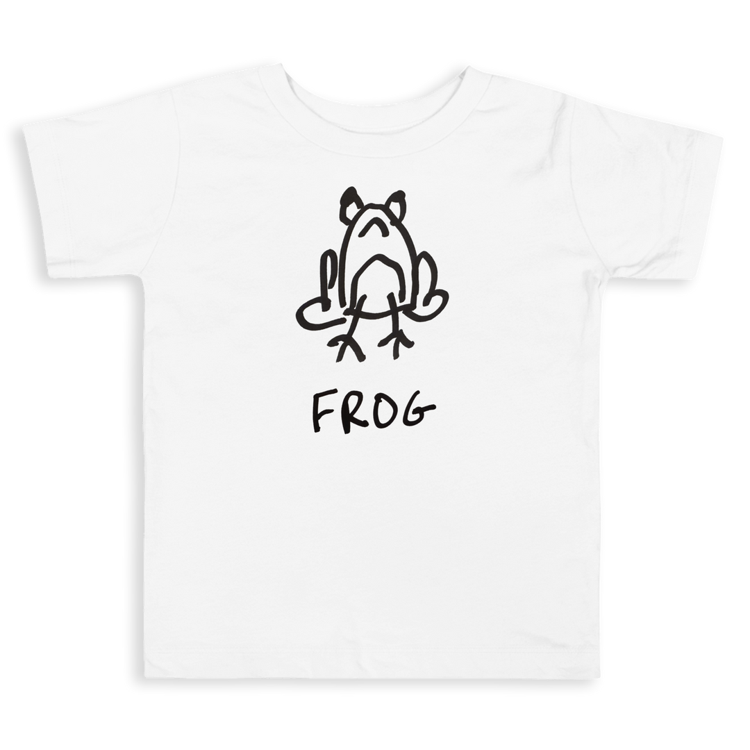 White Toddler t-shirt with a lo-fi hand-drawn graphic of a frog and text "FROG" on a white background.