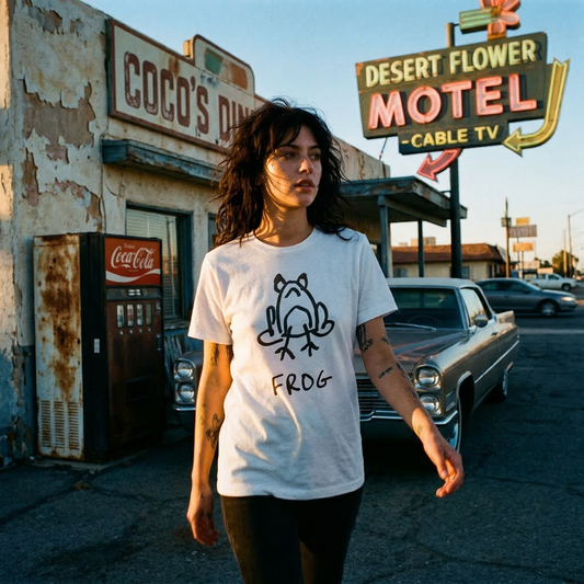 Frog classic tee in Americana setting – quirky animal graphic tee