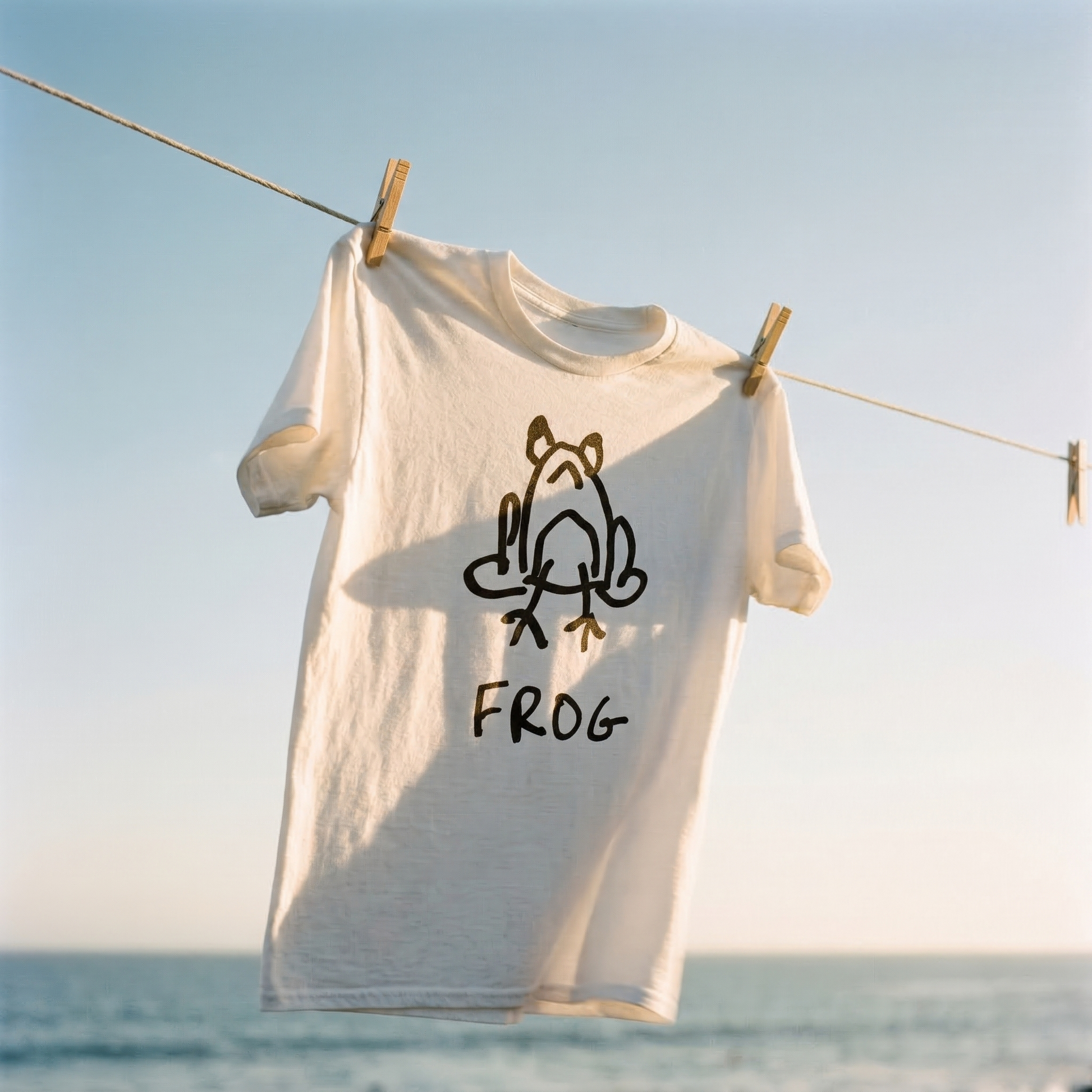 White t-shirt with a frog graphic and 'FROG' text hanging on a clothesline by the sea.