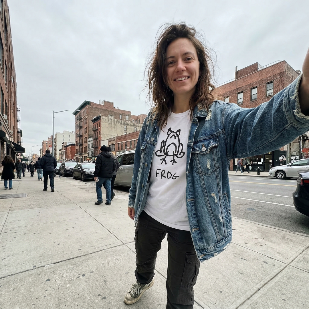 Frog graphic tee worn on city street – lofi animal shirt streetwear style