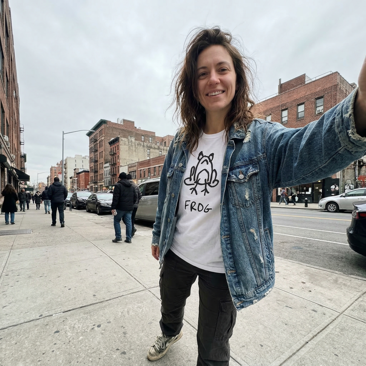 Frog graphic tee worn on city street – lofi animal shirt streetwear style