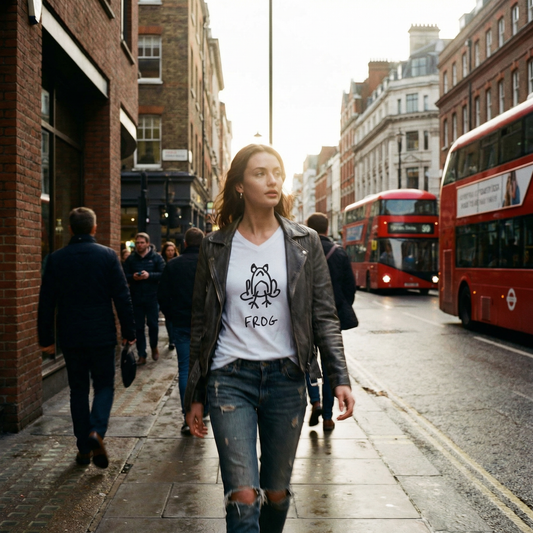 Person wearing a frog tee on a quiet Soho street, grey skies overhead