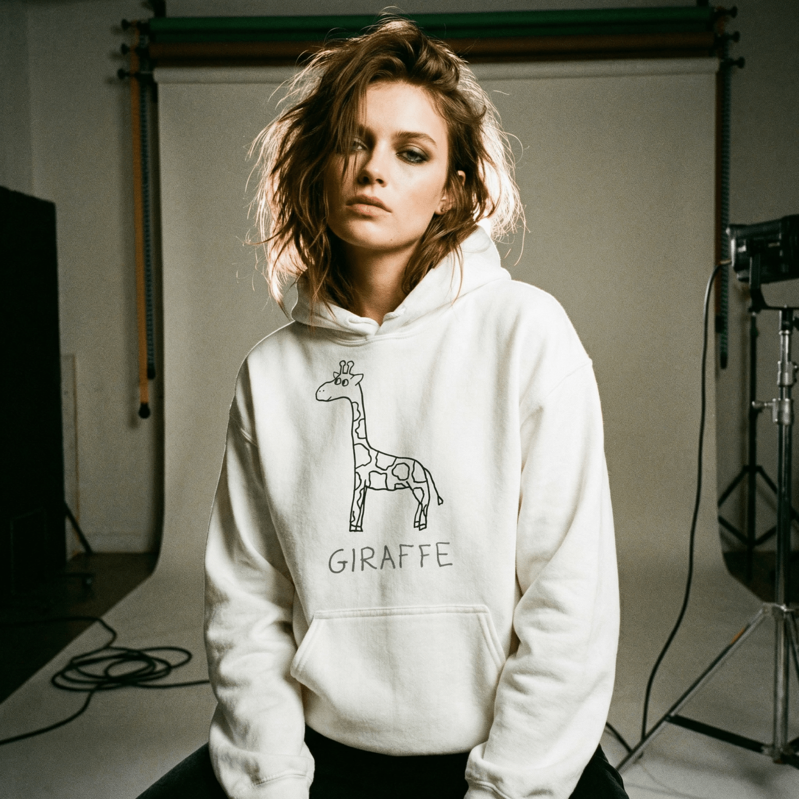 Woman in a studio portrait wearing a lo-fi Giraffe Hoodie in white