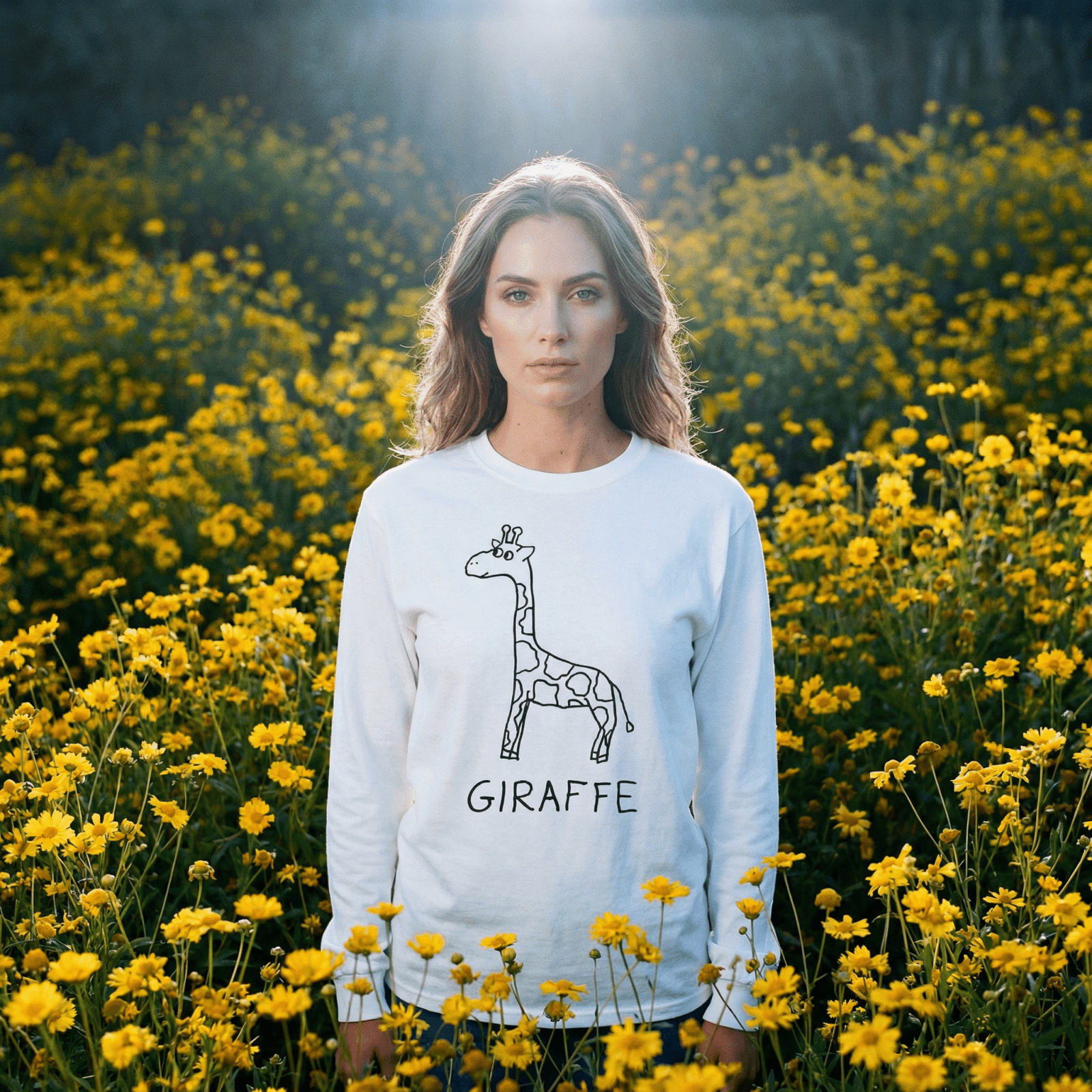lo-fi Giraffe Long Sleeve Tee — hand-drawn giraffe graphic on a white long-sleeve t-shirt
