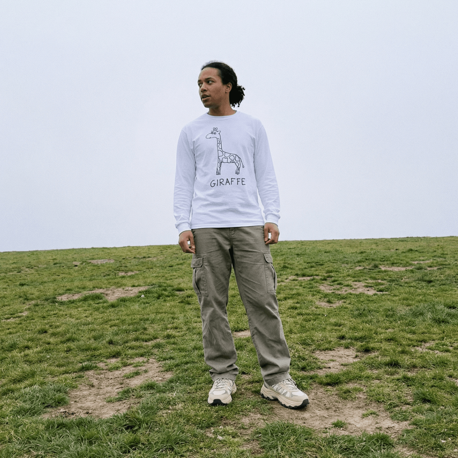 lo-fi Giraffe Long Sleeve Tee — hand-drawn giraffe graphic on a white long-sleeve t-shirt