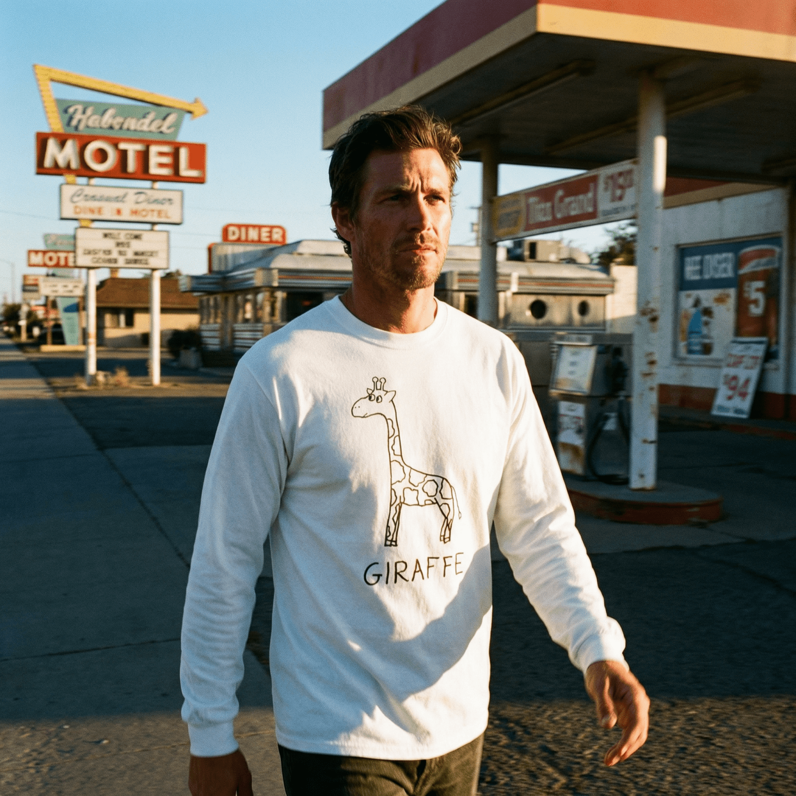 lo-fi Giraffe Long Sleeve Tee — hand-drawn giraffe graphic on a white long-sleeve t-shirt