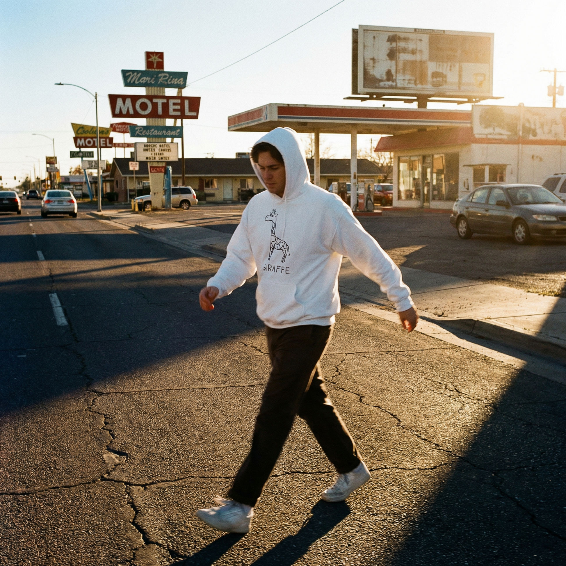 Giraffe hoodie in Americana setting – quirky animal graphic hoodie