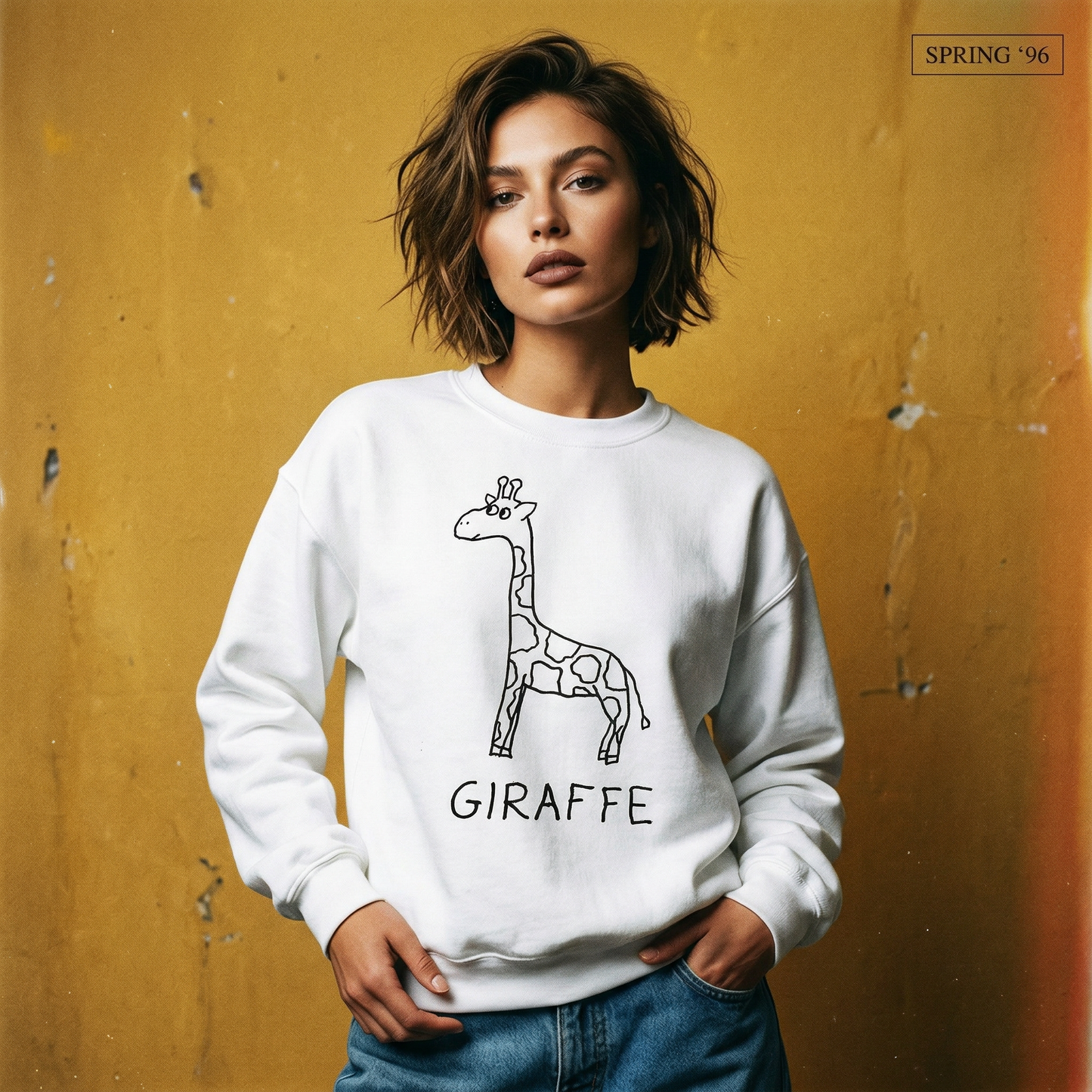 Model in a giraffe sweatshirt at a 90s school portrait setup, mottled gold backdrop