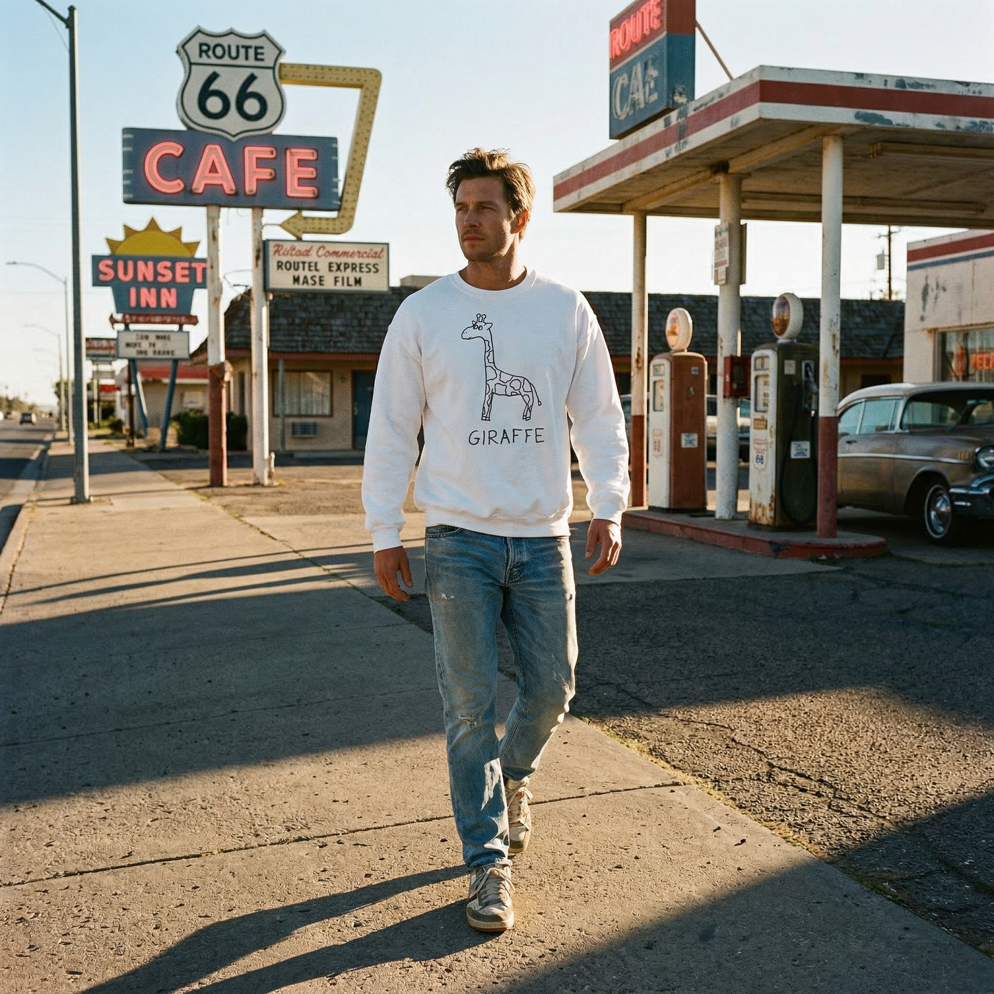 Model wearing a white crewneck sweatshirt with a hand drawn giraffe graphic, walking on a sidewalk in front of Route 66-themed signs and a gas station.