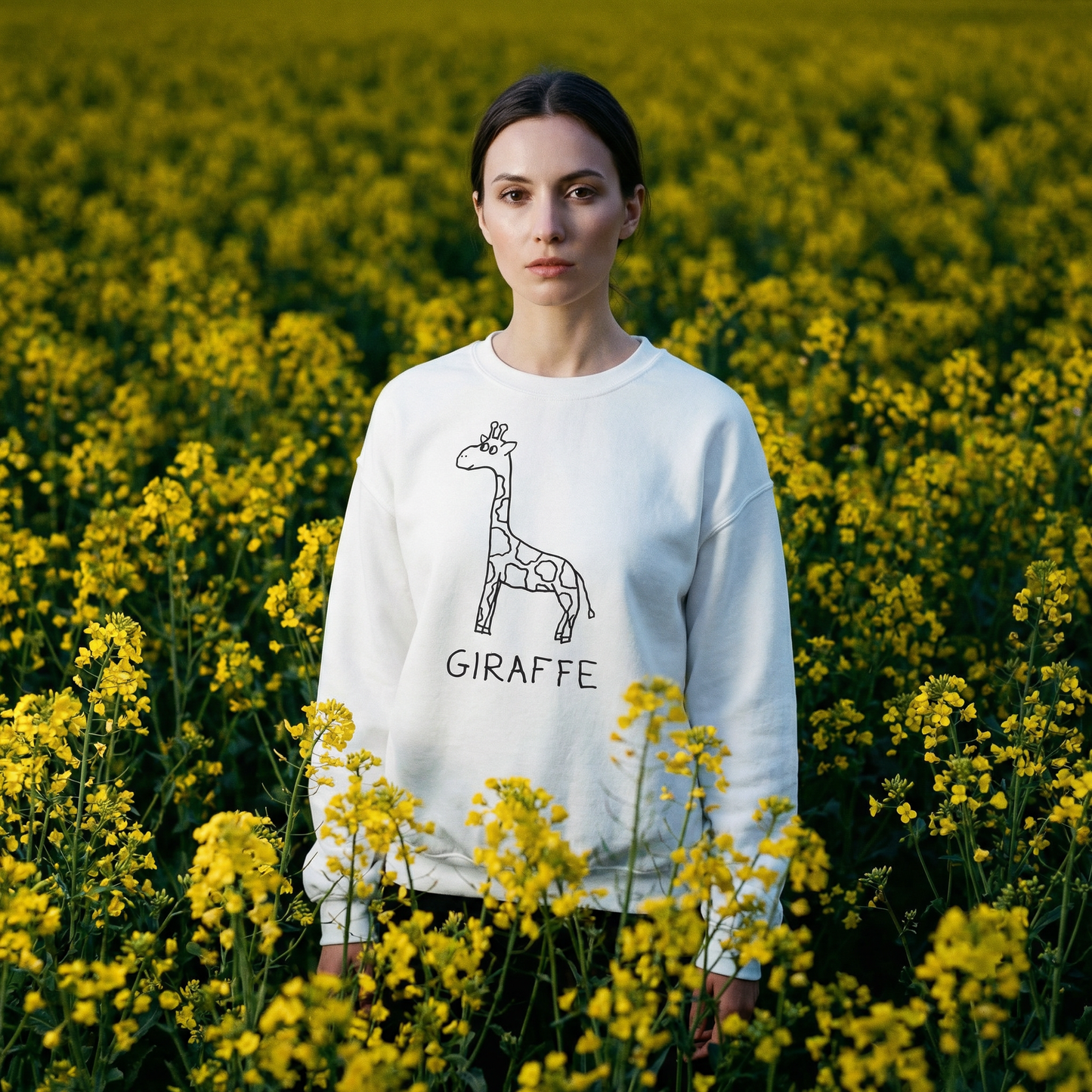 Model in a giraffe sweatshirt towering cheerfully over a field of yellow flowers