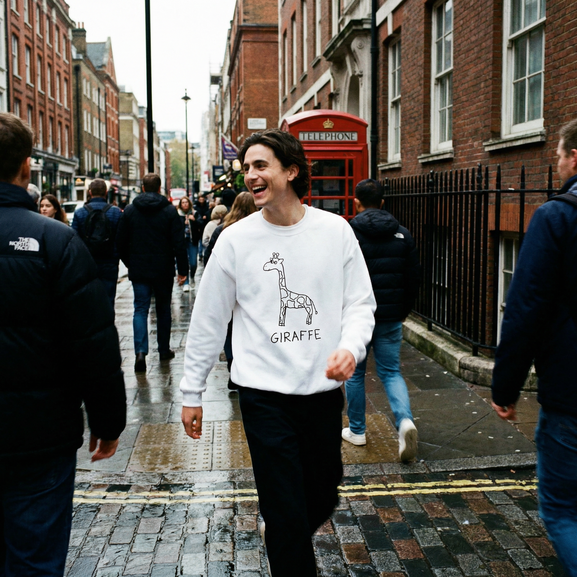 Person in a giraffe sweatshirt standing head above the Soho crowd, bright London afternoon